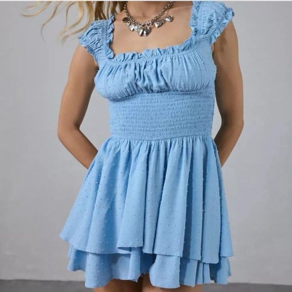 Coquette cottagecore blue ruffled babydoll puff sleeve romper dress